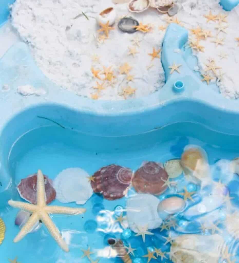 close up image of a beach themed water table
