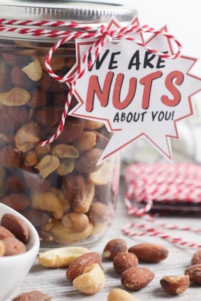styled image of a father's day gift, a cute jar full of dad's favorite snacking nuts and a tag that reads "we are nuts about you"