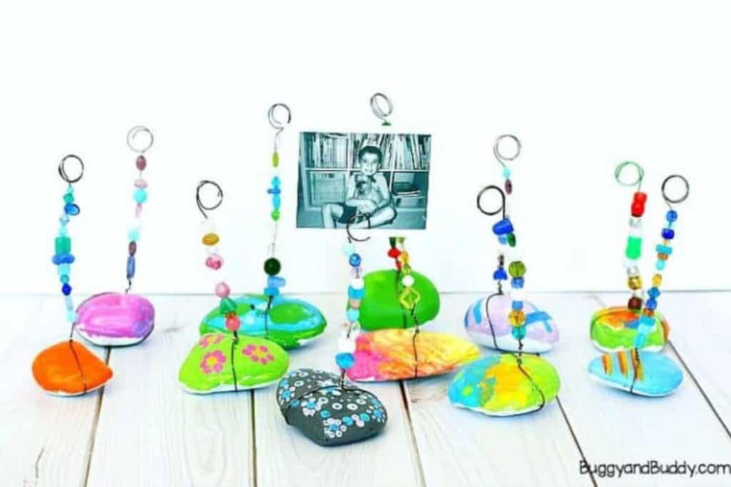 stacked & painted rock photo holder craft for father's day