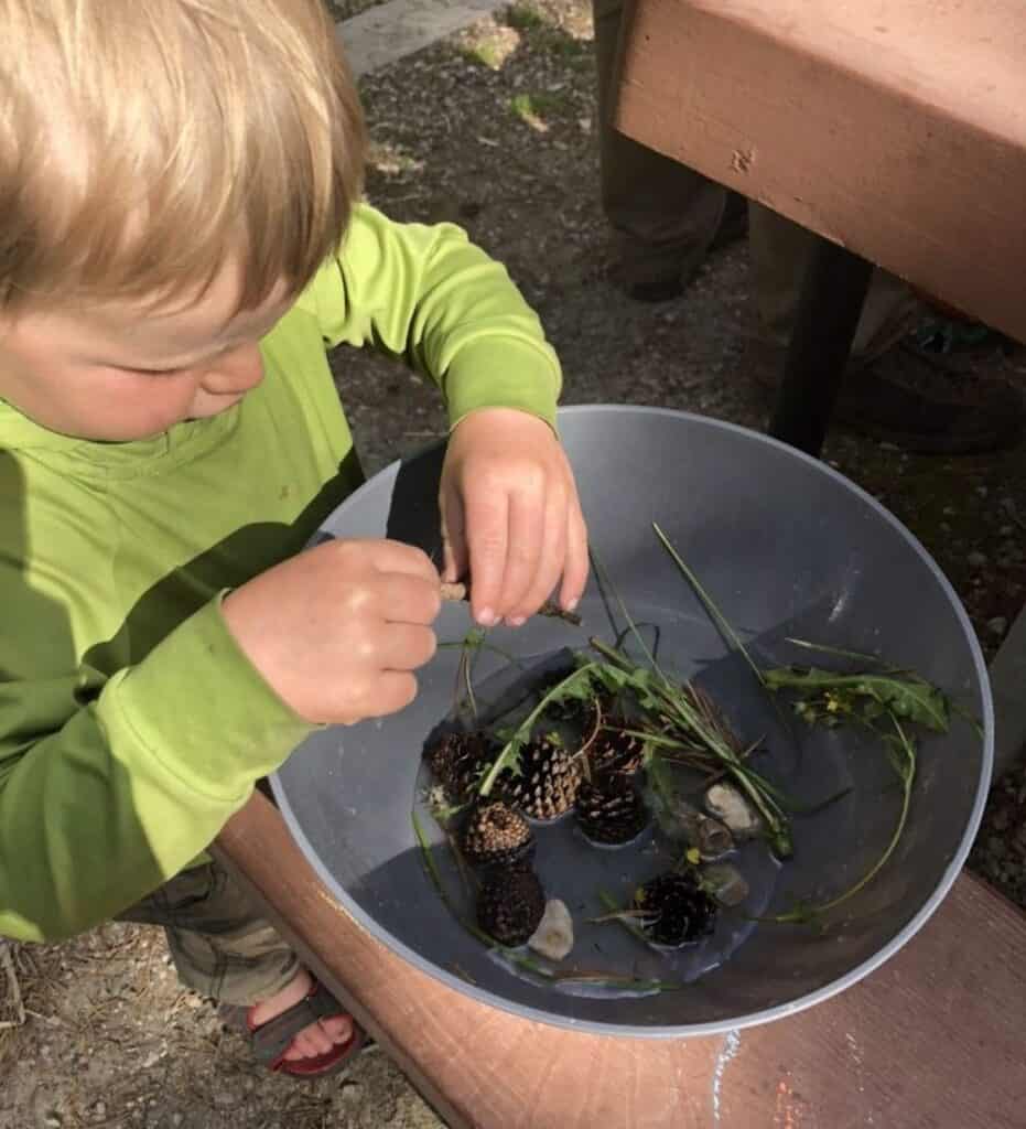 image of a child playing with nature type items in a bowl of water making "sensory soup"