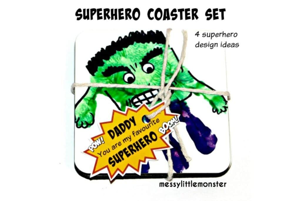 image of a handprint father's day coaster craft colored in as the hulk
