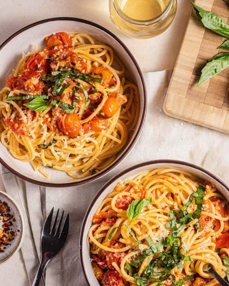 two bowls of blistered tomato pasta