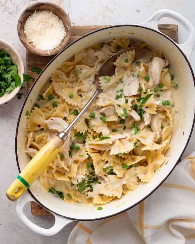 Creamy lemon pasta in a pot (view is looking down into the pot of pasta)