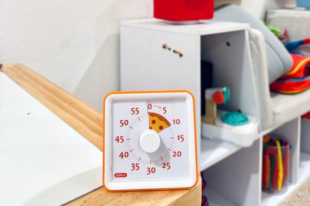 close up image of an Orange countdown timer for kids in a playroom