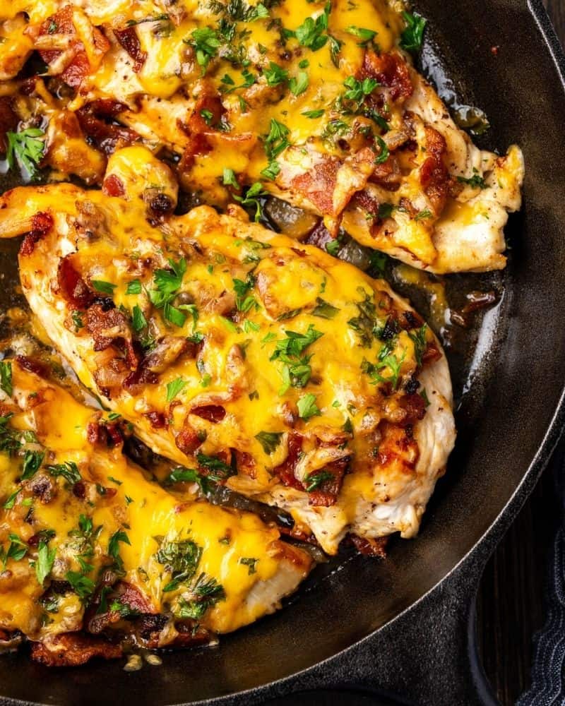 Close up of Bacon Cheese Chicken with lots of cheese melted on top