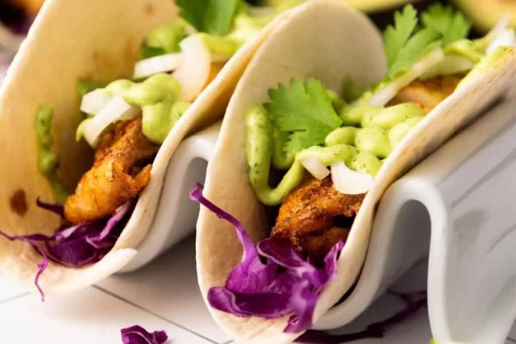 Fish tacos in an upright taco holder