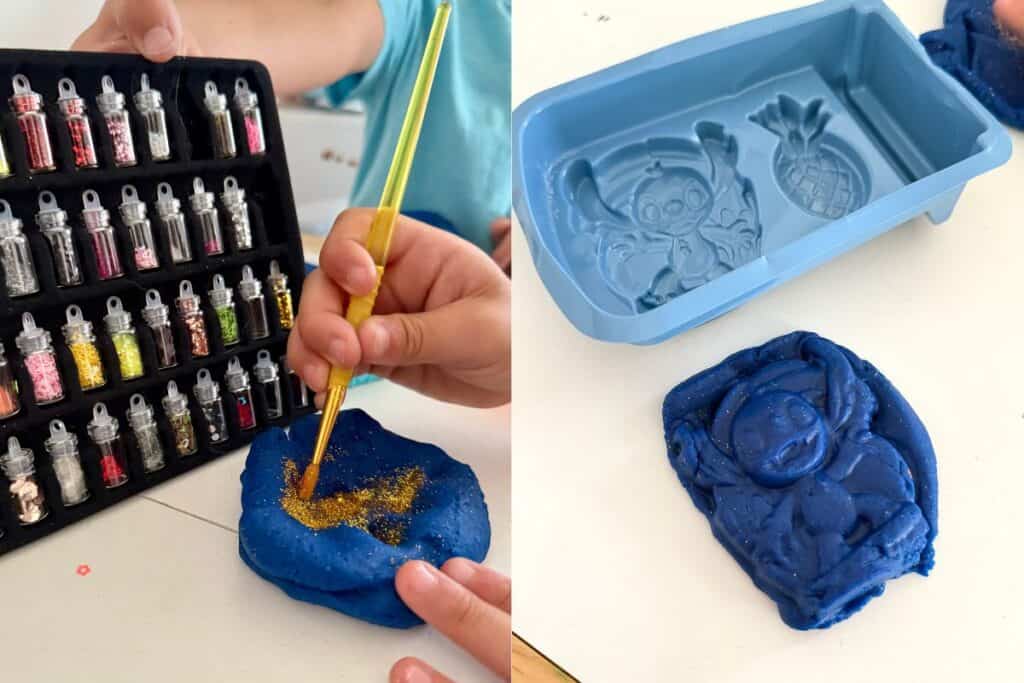 homemade playdough that my kids are adding glitter to and making fun molds of