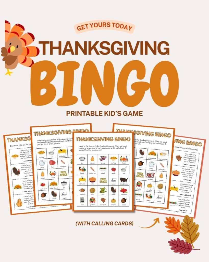Digital graphic showing a thanksgiving bingo printable worksheet