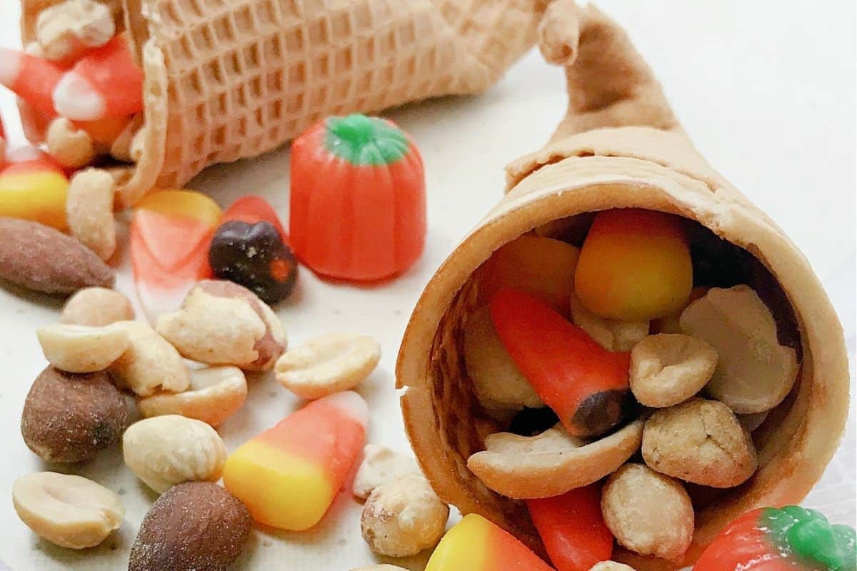 image of a sugar cone filled with popular thanksgiving candies and treats