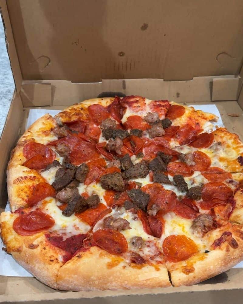 Close up image of the Murray's Meatlover Pizza from Saucy Mama's Pizzeria in Big Bear