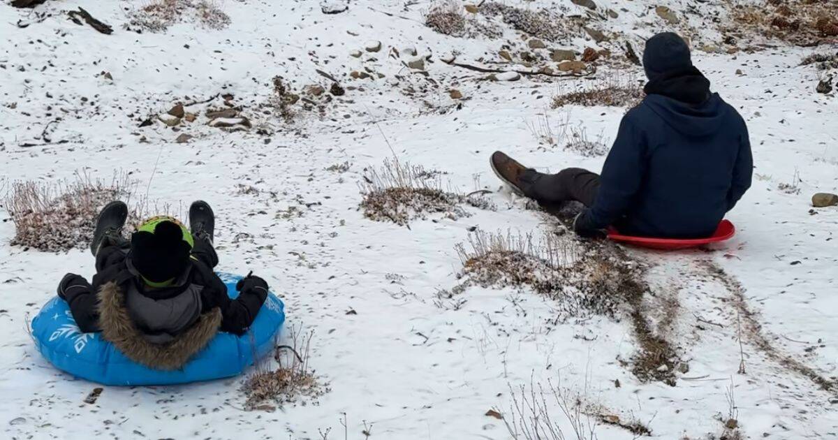 snow tubing in a backyard in Big Bear, CA